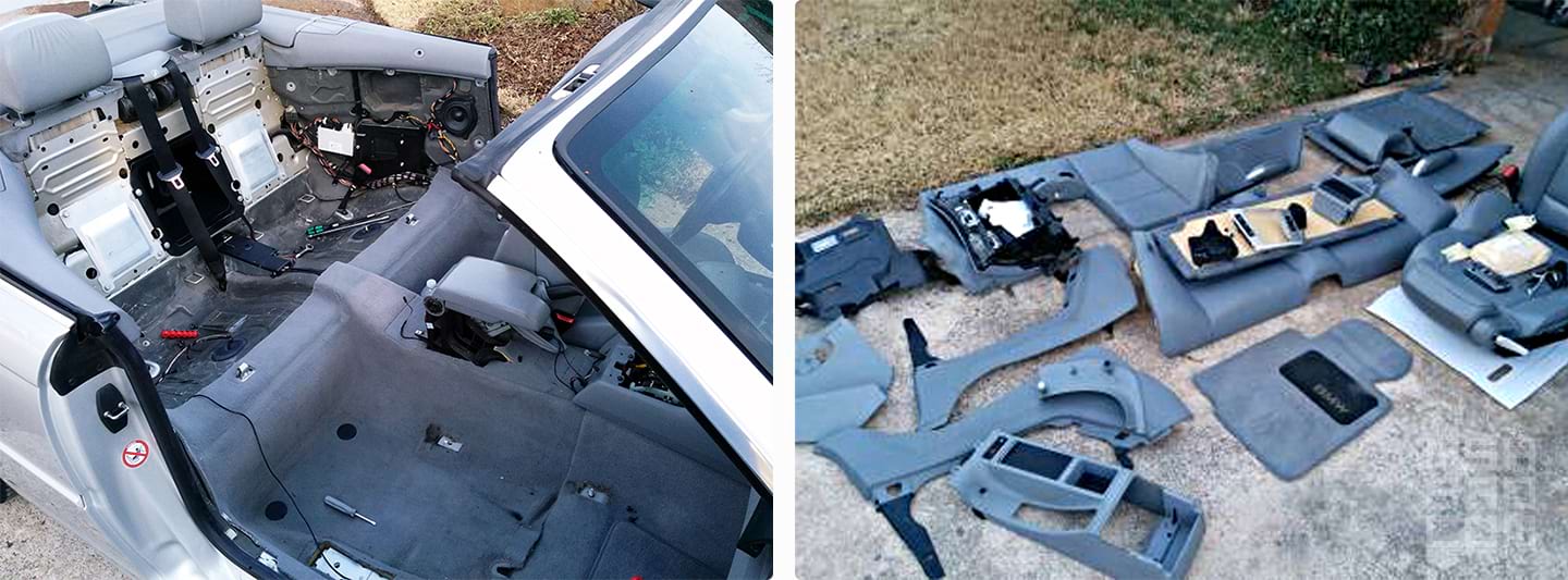 My E46 convertible with the interior disassembled and trim pieces and panels strewn about.