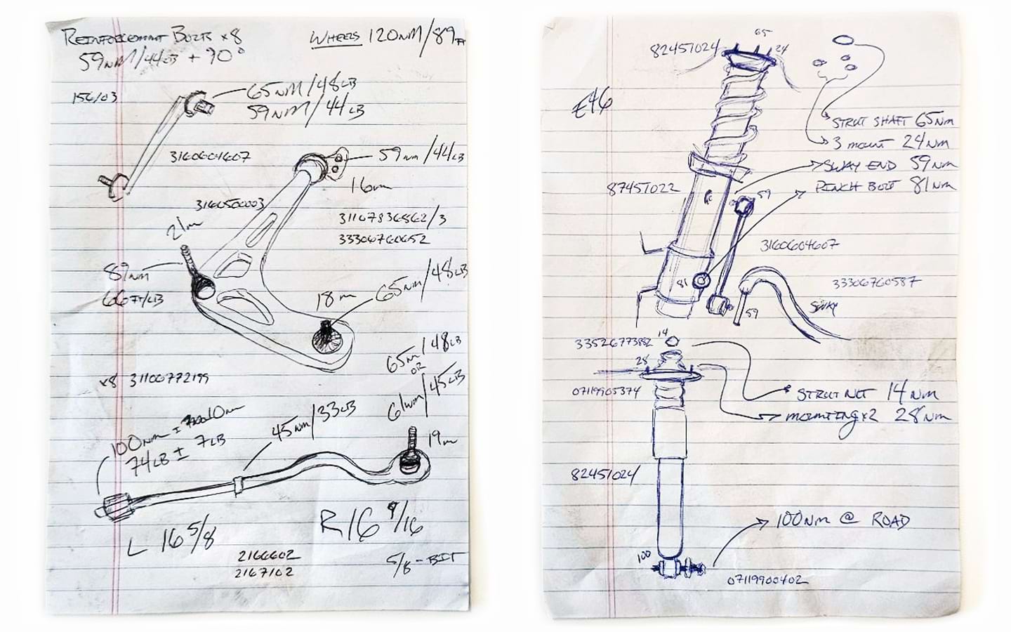 Two separate notepad pages with hand-drawn diagrams and part numbers for repairs.