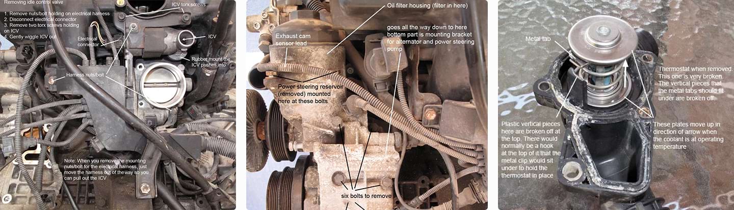 Three separate annotated photos of engine components in different stages of disassembly.
