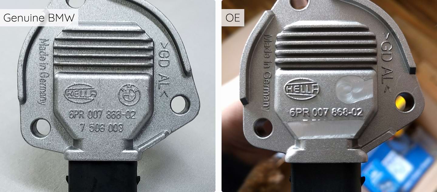 A side-by-side comparison of a part with a BMW logo and the same part with the logo ground off.